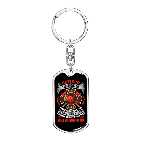 Retired Firefighter Fire Department Dog Tag Keychain Stainless Steel Silver Tone or Gold Tone