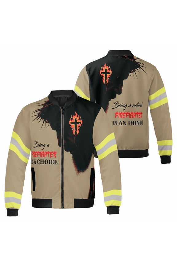 Retired Firefighter Gift Bomber Jacket, Faith Cross Flame Design, Christian Firefighter Jacket