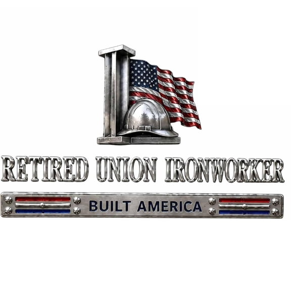 Retired Ironworker Built America Patriotic Metal Car Emblem Badge, Weather Resistant Strong Adhesive Clean Removable Embossed Decal, Sentimental Keepsake for Construction Worker Retirement Gifting