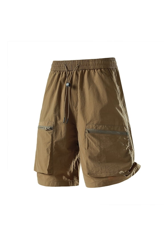 Solid Zipper Multi Pocket Cargo Shorts Men Drawstring American Style for Outdoor Hiking Camping Fishing Summer Trip