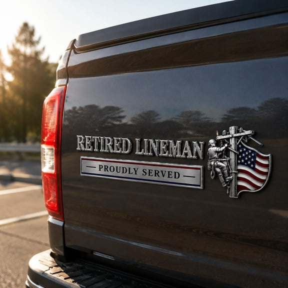 Retired Lineman Metal Car Emblem, US Flag Power Line Worker Badge Sticker for Truck, SUV and Vehicle Decor