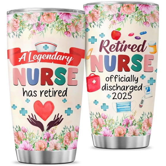 Retired Nurse Gift for Women 2025, A Legendary Nurse Has Retired 20oz Stainless Steel Insulated Tumbler, Floral Medical Design Travel Cup for Retirement Celebration, Appreciation Present
