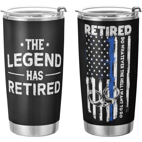 Retired Police Officer Tumbler Retirement Gifts for Police Officers The Legend Has Retired American Flag Blue Line Retirement Gifts For Men Dad Stainless Steel Travel Mug -20oz (Gifts for Retirees)