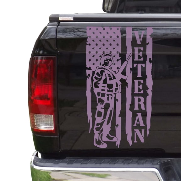 Retired Soldier Enlisted Man Veteran U.S. Army USAF USMC Distressed American US USA Flag Truck Tailgate Vinyl Decal fits Most Pickup Trucks Military Sticker (11" x 20", Lilac)