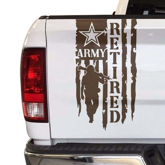 Retired Soldier Veteran Army Distressed American USA US Flag Truck Tailgate Vinyl Decal Compatible with most Pickup Trucks U.S. Army Sticker USAF USMC US Navy Decal (11" x 20", Brown)