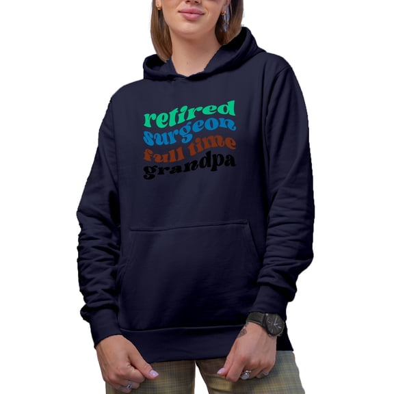 Retired Surgeon, Full Time Grandpa, Retirement Themed, Groovy Retro Wavy Text Merch Gift, Navy Blue Hooded Sweatshirt or Hoodie, Medium