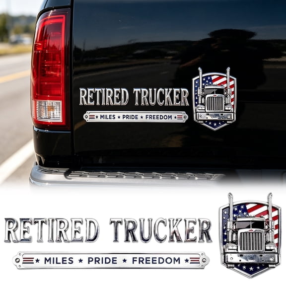 Retired Truck Driver Car Emblem Badge Raised Metal Chrome Semi Truck Patriotic Adhesive Decal Sticker Letters for Automotive Tailgate Toolbox Retirement Gift Trucker Appreciation