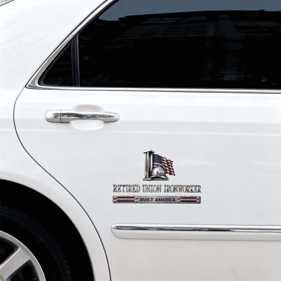 Retired Union Ironworker Built Metal Car Emblem Badge,3d Adhesive Retirement Badge Sticker,Ironworker Patriotic Flag Edition,Car Truck Fenders Raised Emblem Decals.5 Inch.