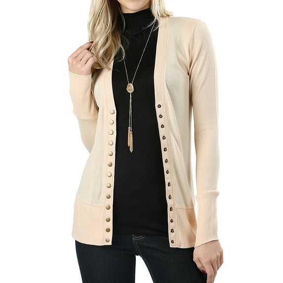 Retired - Women Classic Thin Snap Button Front V-Neck Button Down Long Sleeve Ribbed Knit Cardigan