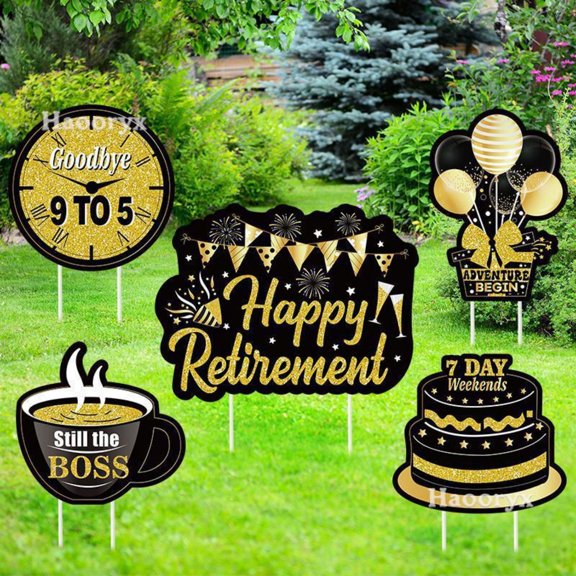 Retired Yard Sign For Retirement Party Decoration 5Pcs Black Gold Garden Insert Sign