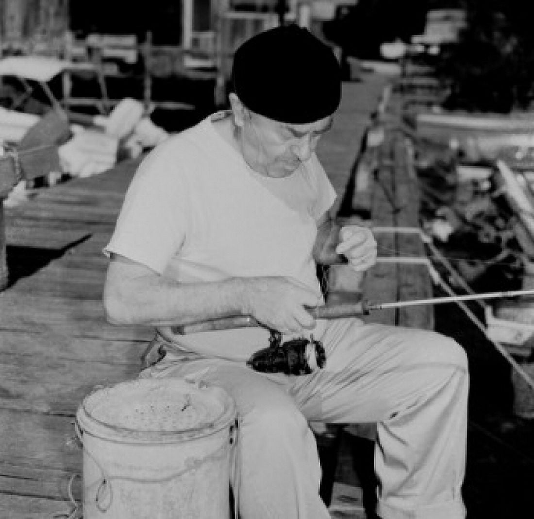 Retired man fishing on pier Canvas Art - (18 x 24)