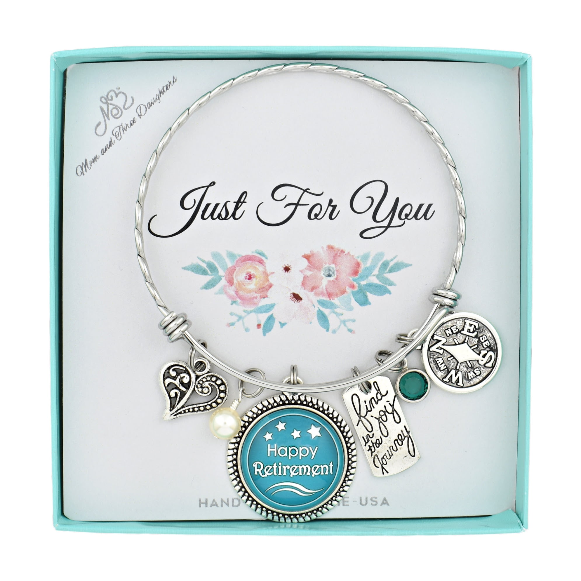 Retirement Bangle Bracelet in Stainless Steel with Silver Toned Charms. Retirement Gift for Women.