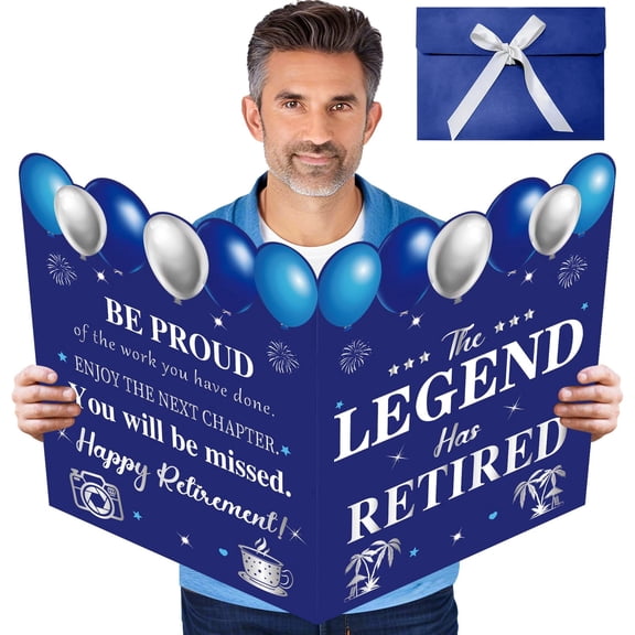 Retirement Card for Man Woman, Blue Silver Large Retirement Card for Signing Jumbo The Legend Has Retired Guest Book Greeting Cards with Envelope Retired Decorations Gift