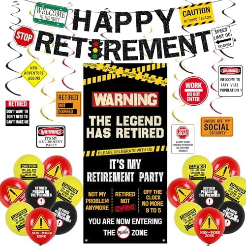 Retirement Decorations Men Women, Caution Logos Happy Retirement Banner Balloons Hanging Swirls Kit, Funny Legend Retired Party Supplies Backdrop for Coworker Family, Retired Door Wall Signs