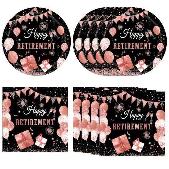 Retirement Decorations for Women - Black AFN1and Rose Gold Happy Retirement Supplies, Plates and Napkins Sets, Disposable Dinnerware Table Decoration Favors for Women Girl