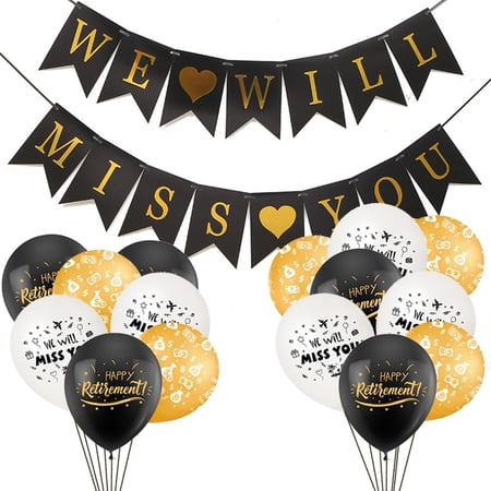Retirement Farewell Kit: Letter Flag + 15 Happy Retirement Balloons - Black, Gold, White Theme Party Decorations - Miss You, Goodbye, Best Wishes
