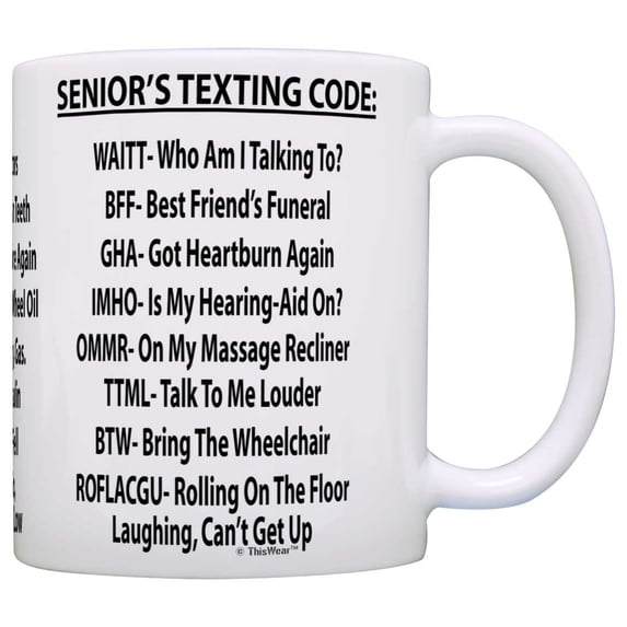 Retirement Gag Gift Senior's Texting Code Office Humor Coworker Gag Gift Coffee Mug Tea Cup White
