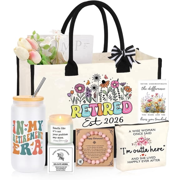 Retirement Gift Set for Women, Retirement Gift Basket with Tote Bag, Makeup Bag, Glass Bottle, Candle and Bracelet for Coworker, Teacher and Nurse