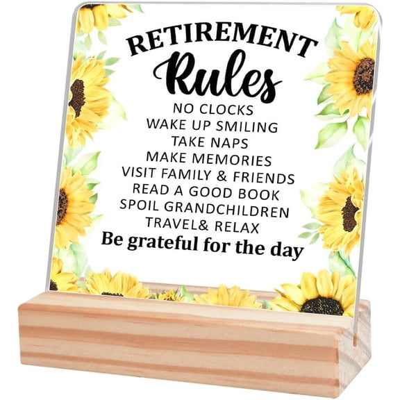 Retirement Gifts for Women,Retirement Gifts for Boss Teacher Colleagues Friends Retired Nurses Doctor Mom Leader,Retirement Rules Acrylic Desk Plaque with Wooden Stand for Home Shelf Table Decor