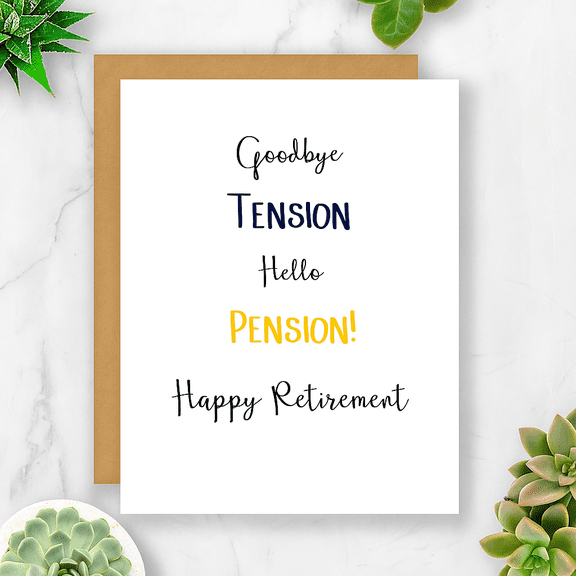 Retirement Greeting Card  "Goodbye Tension, Hello Pension!"  Funny & Cheerful Design  Blank Inside for Personal Messages  Perfect Gift for Retirees