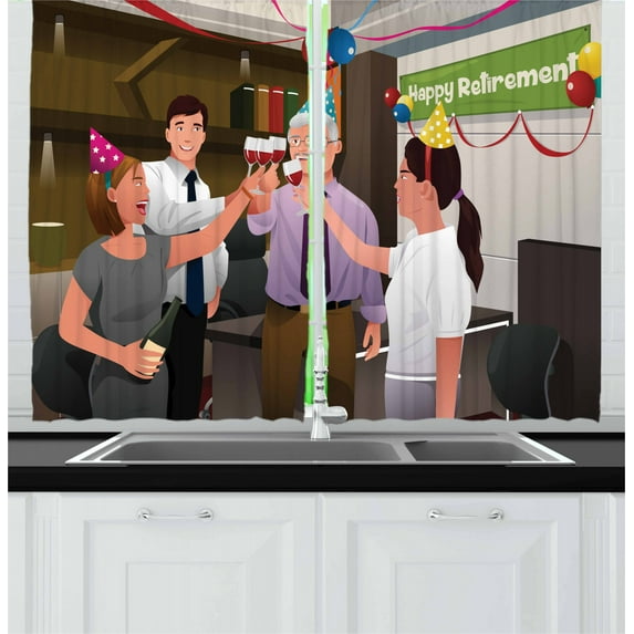 Retirement Party Curtains 2 Panels Set, Employees in the Office Celebrating Happy Retirement Party of a Coworker, Window Drapes for Living Room Bedroom, 55W X 39L Inches, Multicolor, by Ambesonne