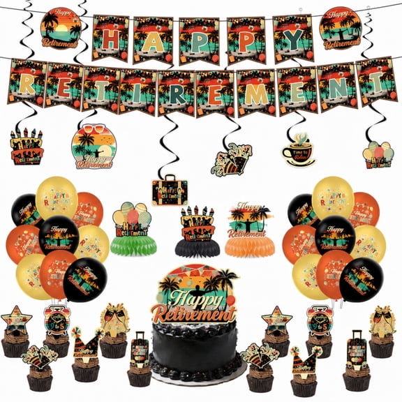 Unbranded Retirement Party Decoration Kit with Banner Balloons Honeycomb Centerpiece and Hanging Spiral Decorations Multicolor 6 Count