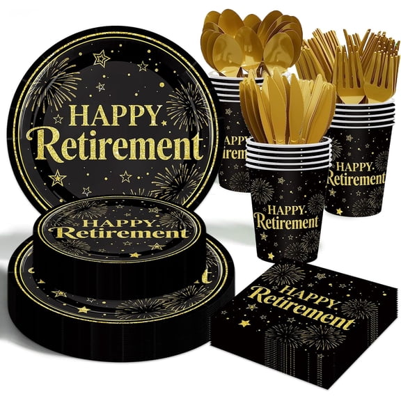 Retirement Party Decorations 175Pcs Happy Retirement Plates and Napkins Set Retirement Black and Golden Disposable Dinnerware Tableware Graduations Supplies for Men Women Say Goodbye Party