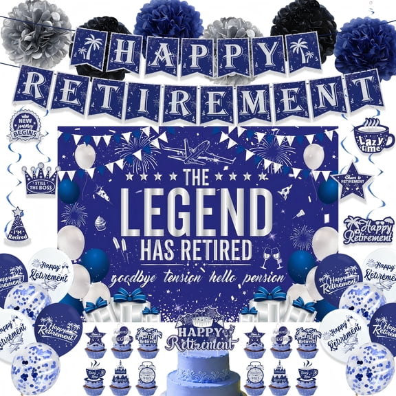 Retirement Party Decorations Blue Silver Happy Retirement Decorations for Men Women, Happy RetIrement Banner, Retired Backdrop, Balloons, Pompoms, Hanging Swirls, Cake Toppers Set 73pcs