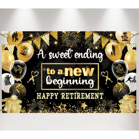 Retirement Party Decorations Happy Retirement Banner Black and Gold Retirement Sign Backdrop Photo Booth Props Background Going Away Party Favors 43.3" * 70.86" Design 3