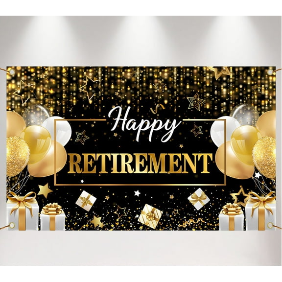 Retirement Party Decorations Happy Retirement Banner Black and Gold Retirement Sign Backdrop Photo Booth Props Background Going Away Party Favors 43.3" * 70.86" Design 1