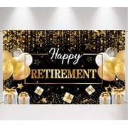 Retirement Party Decorations Happy Retirement Banner Black and Gold Retirement Sign Backdrop Photo Booth Props Background Going Away Party Favors 43.3 * 70.86 Design 1