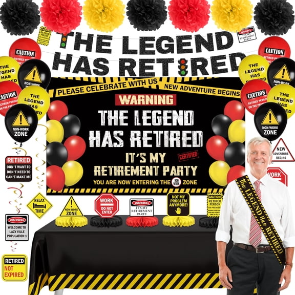 Retirement Party Decorations - Hide The Car Keys Happy Retirement Decorations Caution Party Kit 56pcs with Banner, Balloon, Backdrop, Tablecloth, Sash, Hanging Swirls, Honeycomb Centerpieces Y102