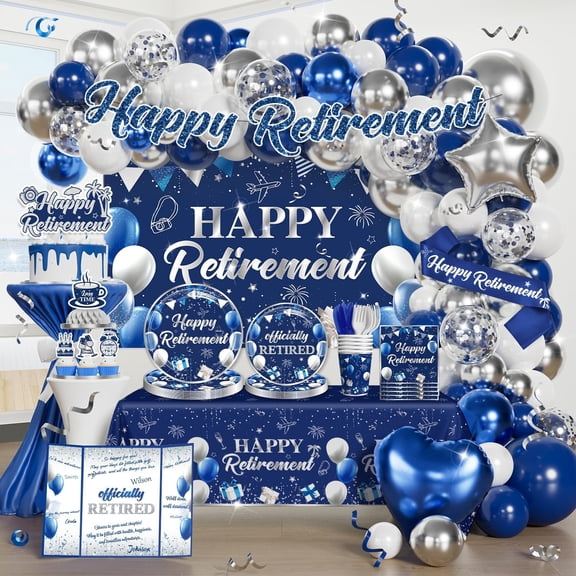 Retirement Party Decorations for Men Women All-in-one Set, 281pcs Blue Silver Happy Retirement Decorations Serves 25 with Backdrop Tableware Tablecloth Guest Book Sash Centerpiece Cupcake Topper