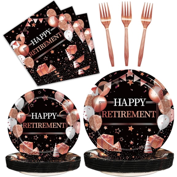 Retirement Party Plates and Napkins Set, Rose Gold Happy Retirement Party Supplies Decorations for Women Going Away Party Disposable Dinnerware Set
