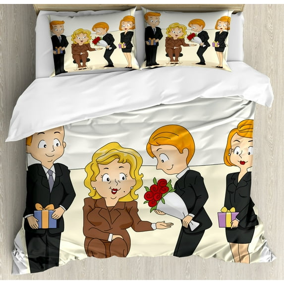 Retirement Party Queen Size Duvet Cover Set, Illustration of a Retirement Party Coworkers Celebrating Senior Woman, Decorative 3 Piece Bedding Set with 2 Pillow Shams, Multicolor, by Ambesonne