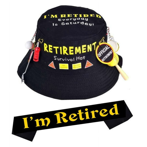 Retirement Party Survival Hat, Officially Retired Sash And Hat Black, Retirement Sash