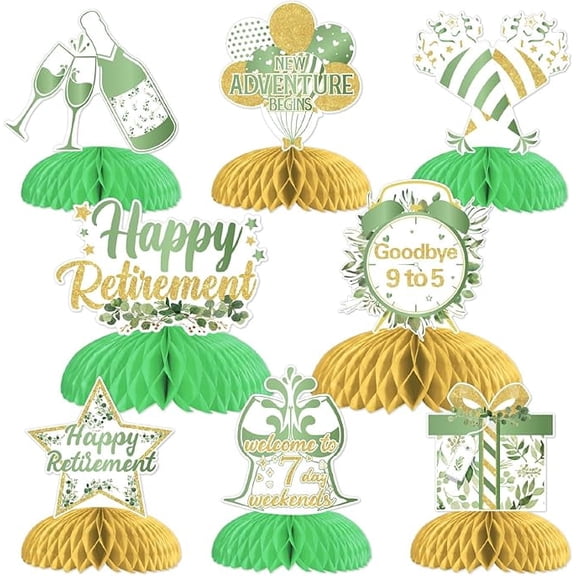 Retirement Party Table Decorations Greenery Happy Retirement Honeycomb Centerpieces Sage Green New Adventure Begins Goodbye 9 To 5 Welcome To 7 Day Weekends Party Decor Leaves Party Supplies