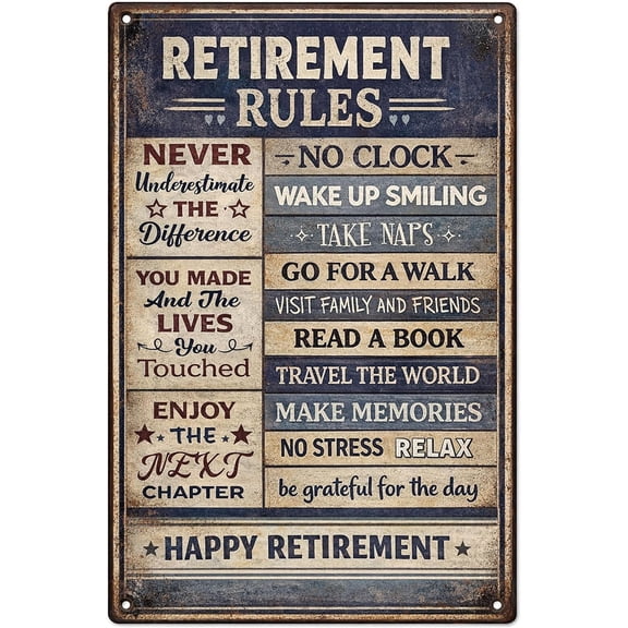 Retirement Rules Metal Sign - Funny Happy Retirement Decorations Gag Gift for Men Women Retiree Coworker Teacher Nurse Mom Vintage Yard Door 8x12 Inch