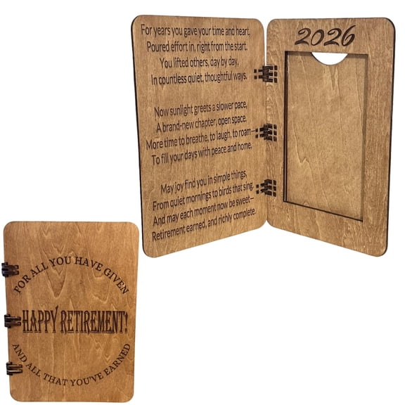 Retirement Wood Greeting Card 4x6 Picture Frame Includes Envelope and Acrylic Photo Cover 6"x8"