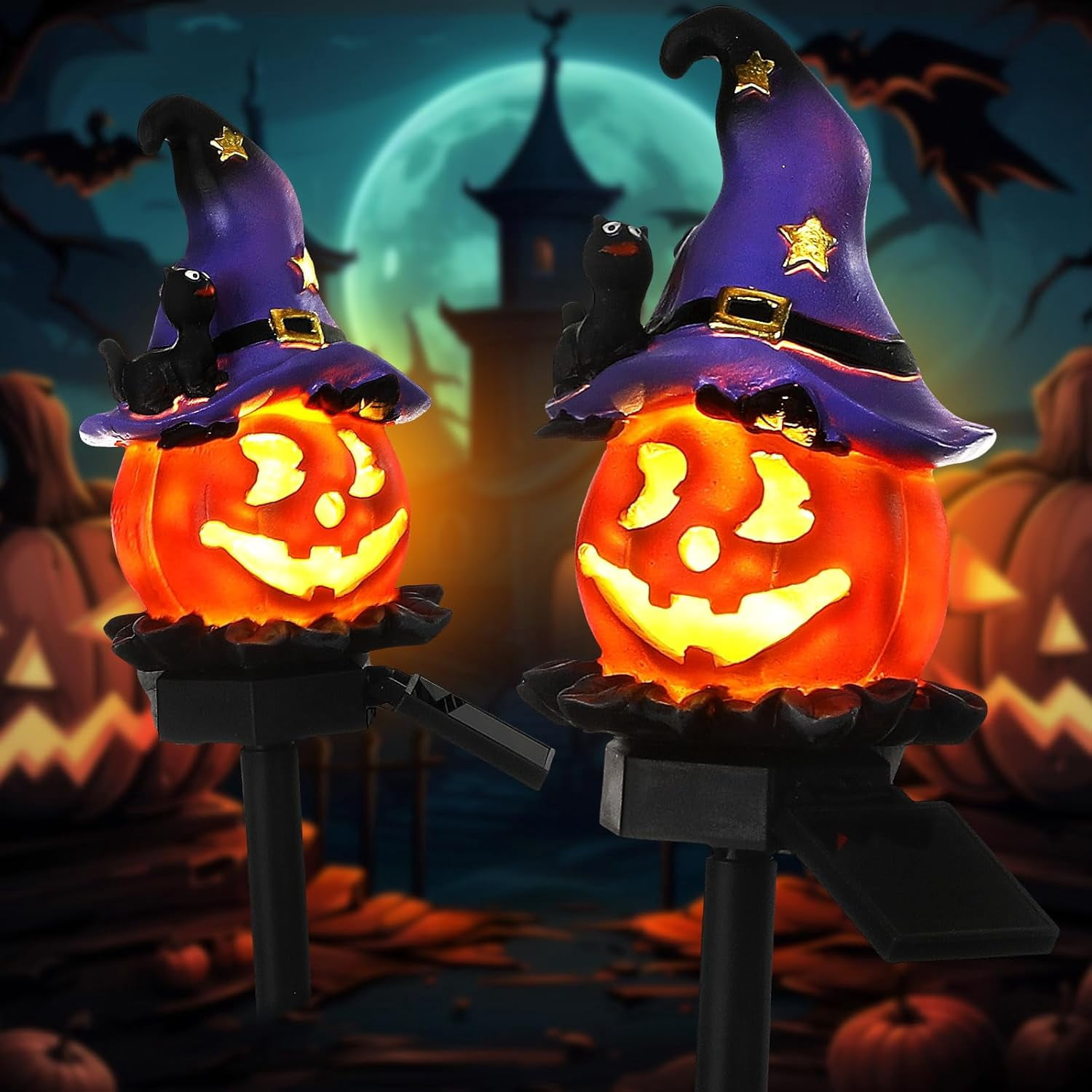Retisee 2 Pcs Halloween Pumpkin Pathway Solar Lights Orange Jack O ...