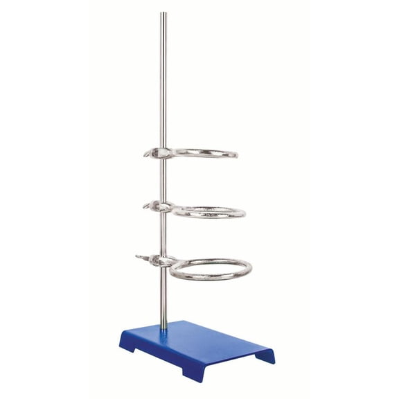 Retort Stand, Rod & Ring Set - 8"x5" Steel Base, 20" Stainless Steel Rod, 3", 4" & 5" Cast Iron Support Rings - Laboratory Support Assembly - Eisco Labs
