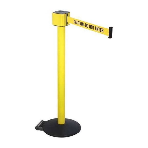 Barrier Post with Belt, Yellow, 30 ft Length, 40 in Post Height, Caution Do Not Enter, Yellow