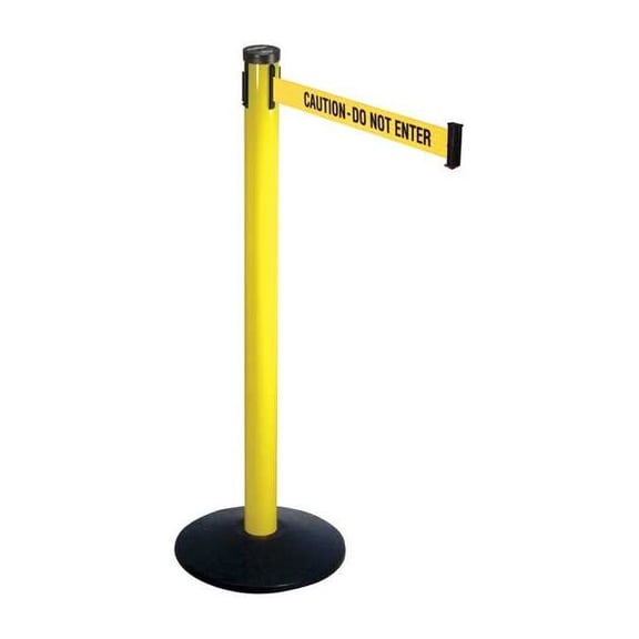 Barrier Post with Belt, Yellow, 10 ft Length, 40 in Post Height, Caution Do Not Enter, Yellow