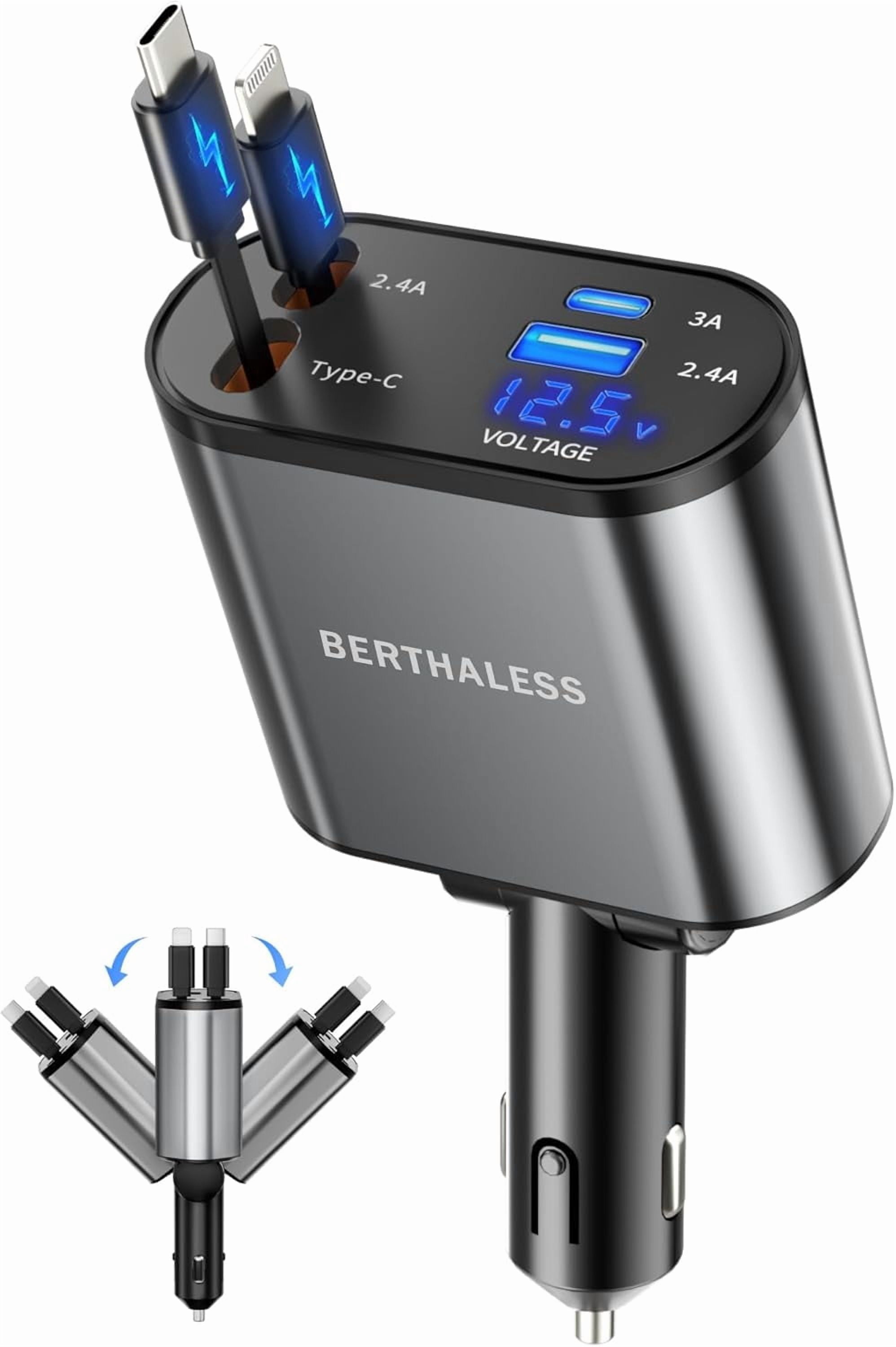 Retractable , 4 in 1 Fast Charging with USB-C & USB-A, Compatible with iPhone 17/16/15/14/13/12/11,Galaxy,Pixel, Car Accessories for Men Women Drivers