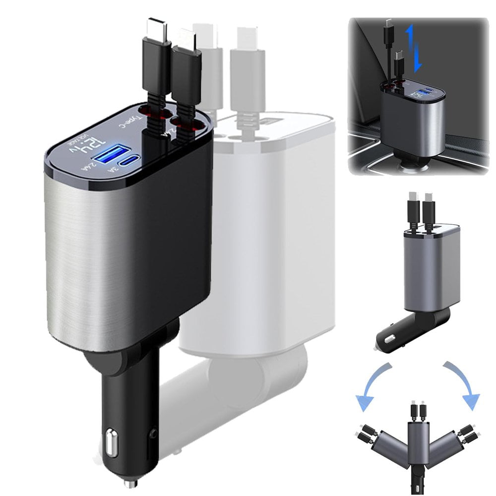 Retractable 4 in 1 Multi Car Charger,Multi Dual USB C Fast Port 3A 60W