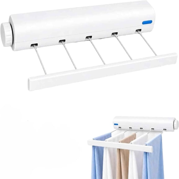 Retractable 5 Line Wall Mounted Clothesline Drying Rack, White, 12.3 Ft