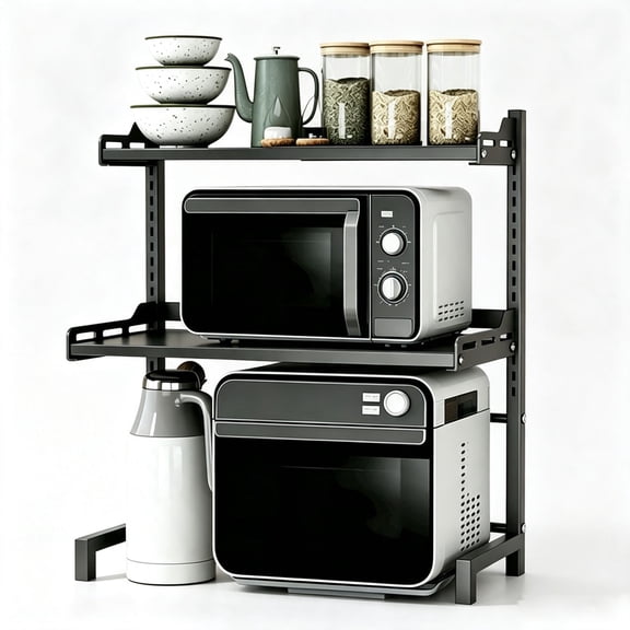 Microwave Oven Rack, Expandable 3-Tier Twist-Lock Carbon Steel Kitchen Countertop Storage Rack with 4 Hooks, Detachable Height Adjustable Microwave Shelf, Black