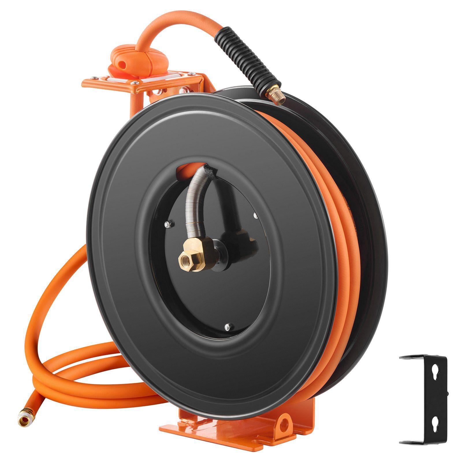 Retractable Air Hose Reel 3/8 Inch x 50 Foot Rubber Air Hose 300 PSI Auto Rewind with 5 Foot Lead In Heavy Duty Single Arm Ceiling Wall Mount 180 Degree Swivel Bracket