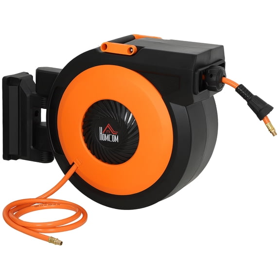 Retractable Air Hose Reel 3/8 in x 98 ft, Auto Rewind Air Compressor Hose Reel with Swivel Bracket, 300 PSI, Black and Orange for Garage Workshop