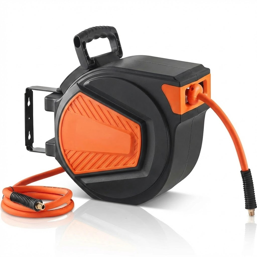 Retractable Air Hose Reel, 3/8 IN x 50 FT Hybrid Air Hose Max 300PSI, Air Compressor Hose Reel with 5 In Lead in, Ceiling / Wall Mount Enclosed Air Reel, 180° Swivel Mount